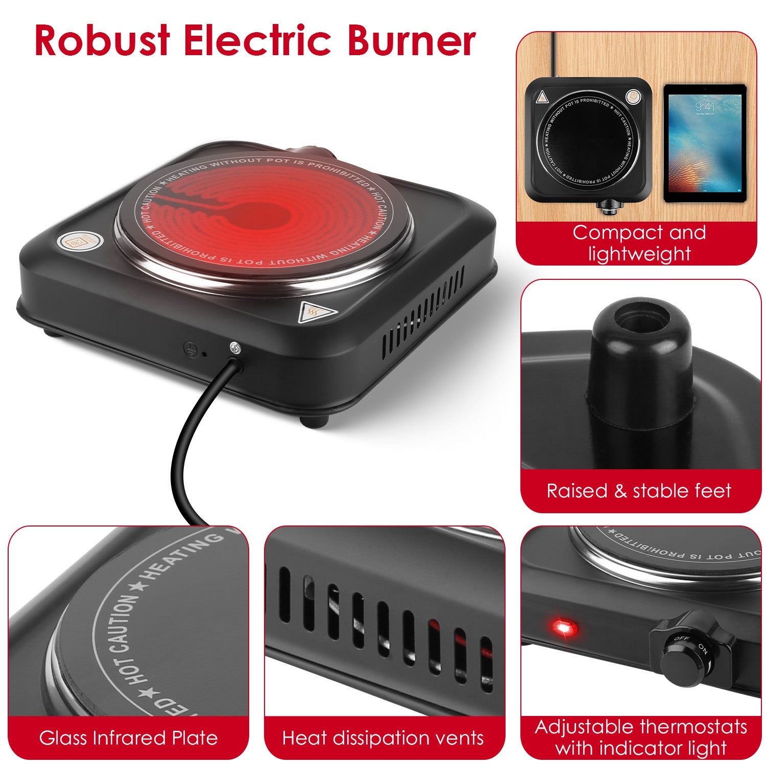 1Pc 1200W Electric Infrared Single Burner Portable Heating Hot Plate Stove Countertop RV Hotplate With 7.5in Glass Cooktop Stepless Temperature Adjustments For Home RV Camp