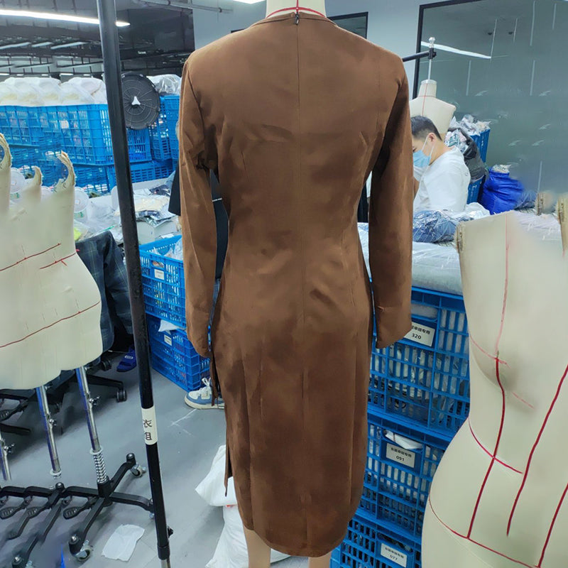 Women's Vintage Western Suede-Look Maxi Dress Boho Fringe & Waist Ruffle Detail Bodycon Gown